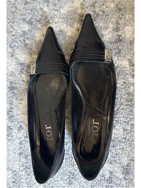 Dior Black Pointed Toe Leather Slip-On Flats with Silver Logo Size 38